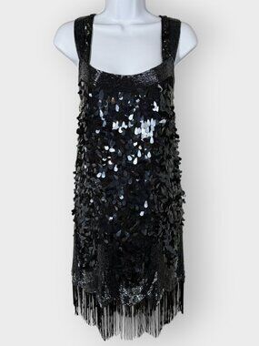 What Comes Around Goes Around Silk Black Beaded Fringe Dress S Sequin Flapper